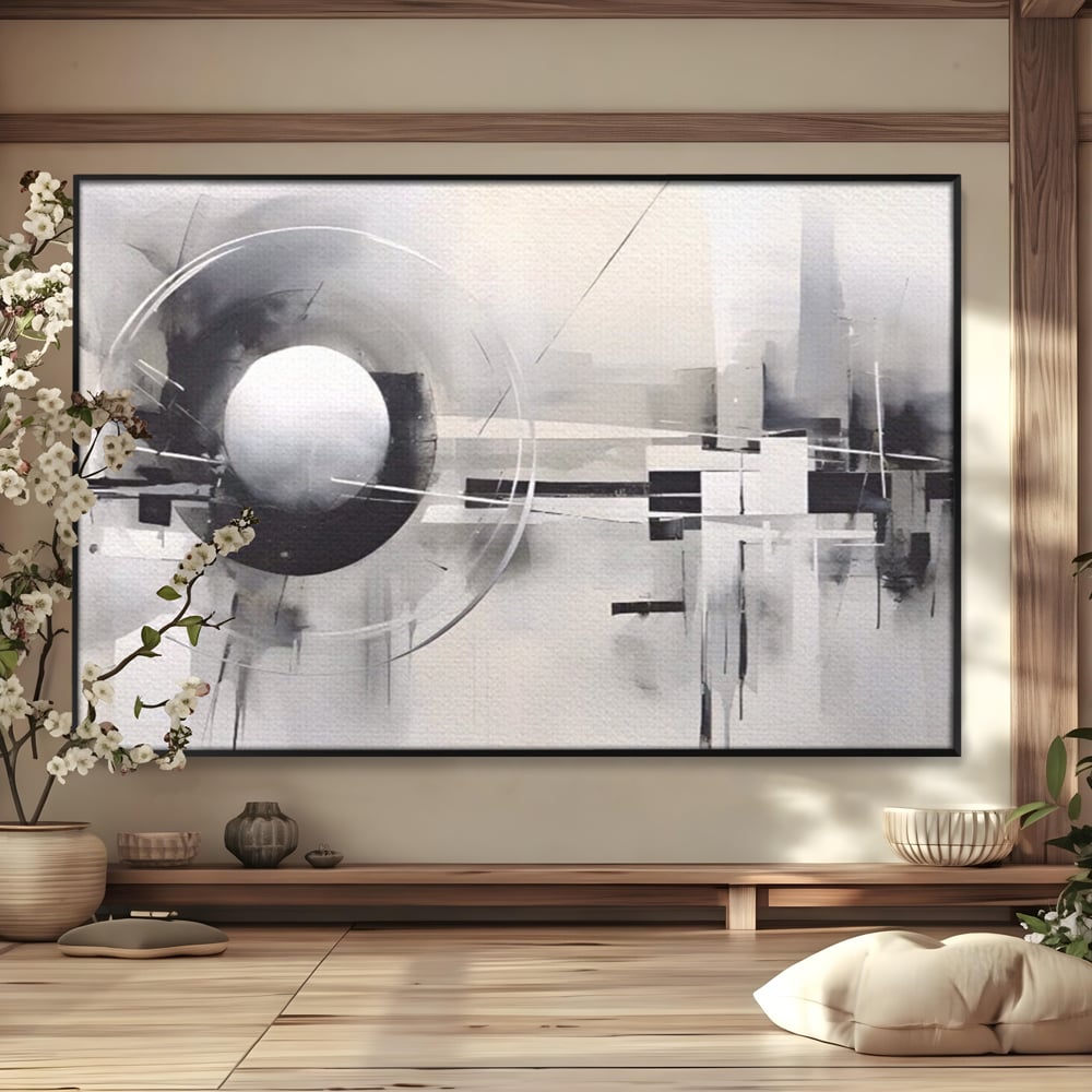 Tablou canvas cu pictura abstracta cu sfera si cercuri, in rama de aluminiu negru